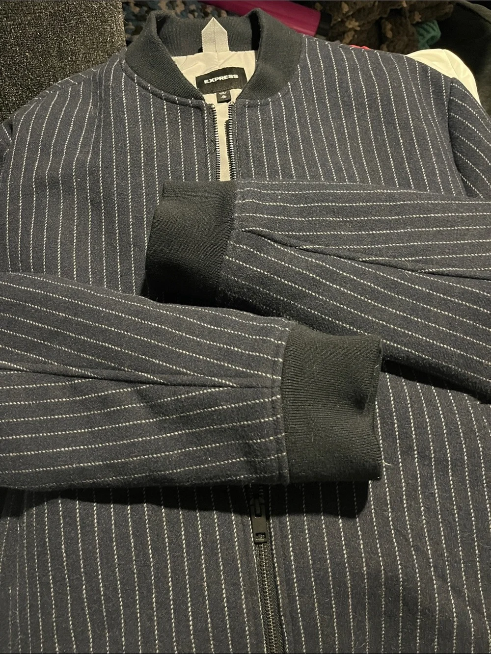 Express Men’s Black Pinstripe Bomber